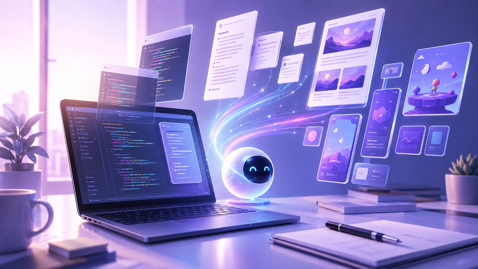 独立开发者使用 AI、代码生成、Markdown 文档和博客平台加速产品交付的工作流示意图
